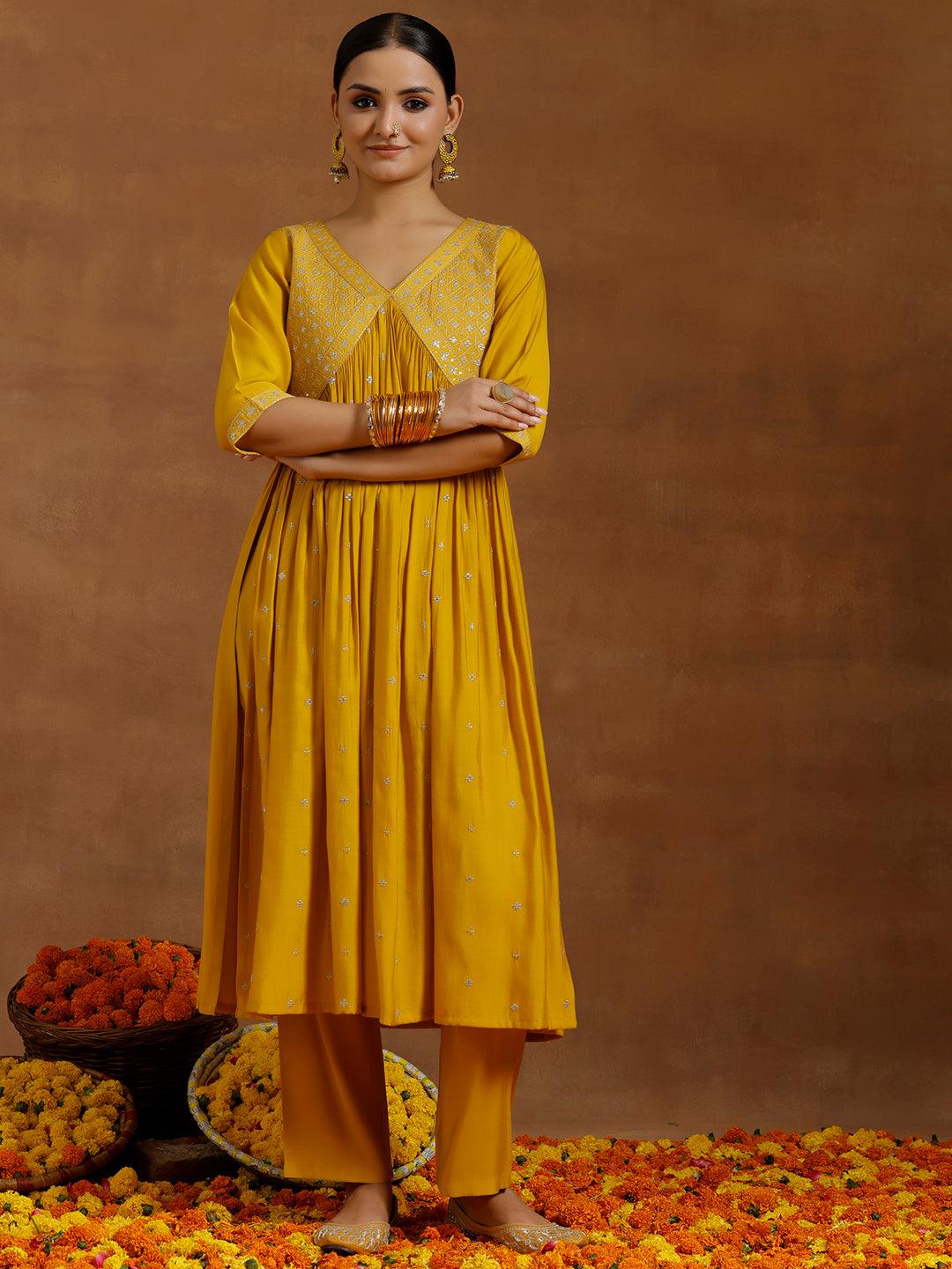 Mustard Embroidered Silk Blend A-Line Kurta With Trousers - Libas