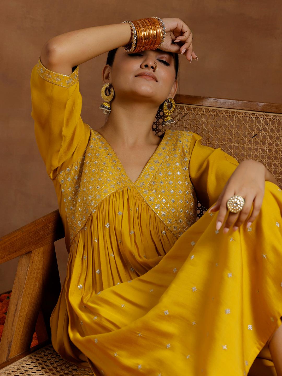 Mustard Embroidered Silk Blend A-Line Kurta With Trousers - Libas