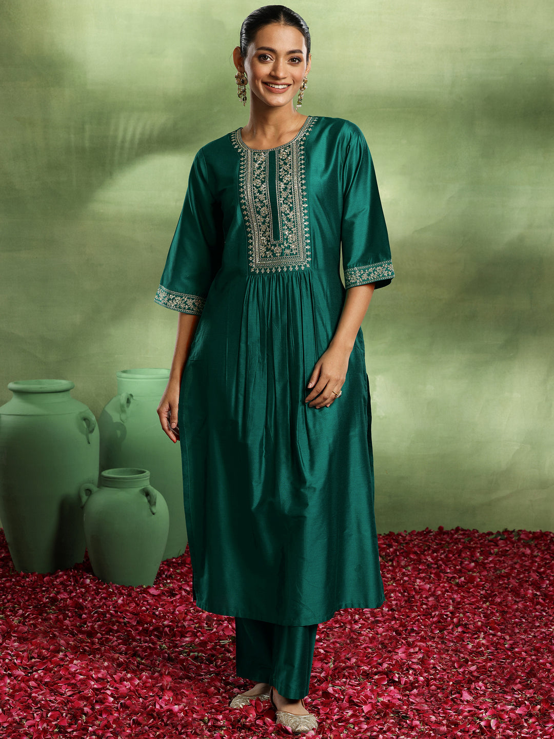  Green Yoke Design Silk Blend A-Line Kurta Set 