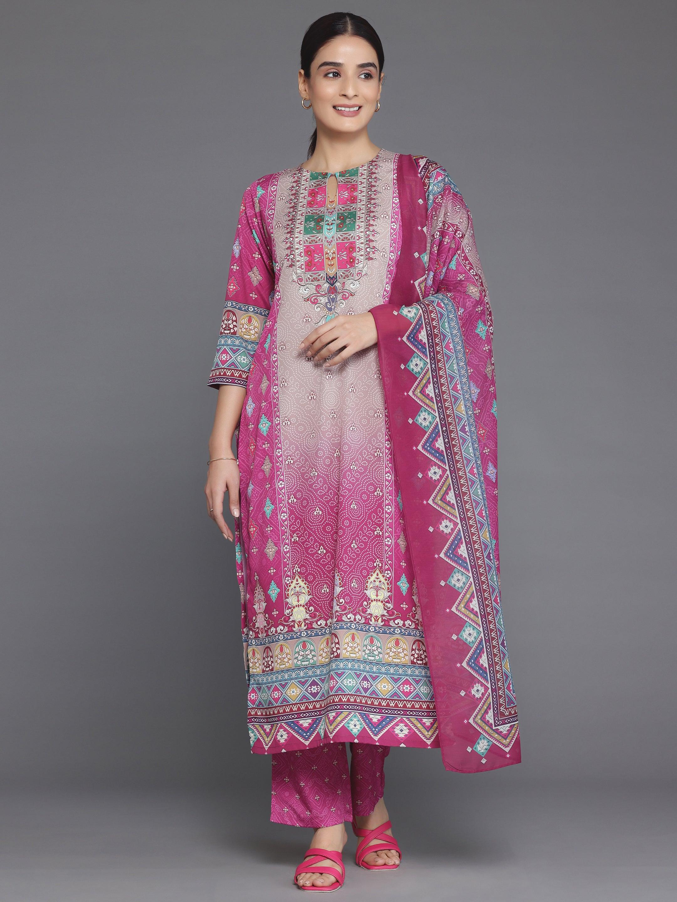 Pink Printed Poly Crepe Straight Suit With Dupatta