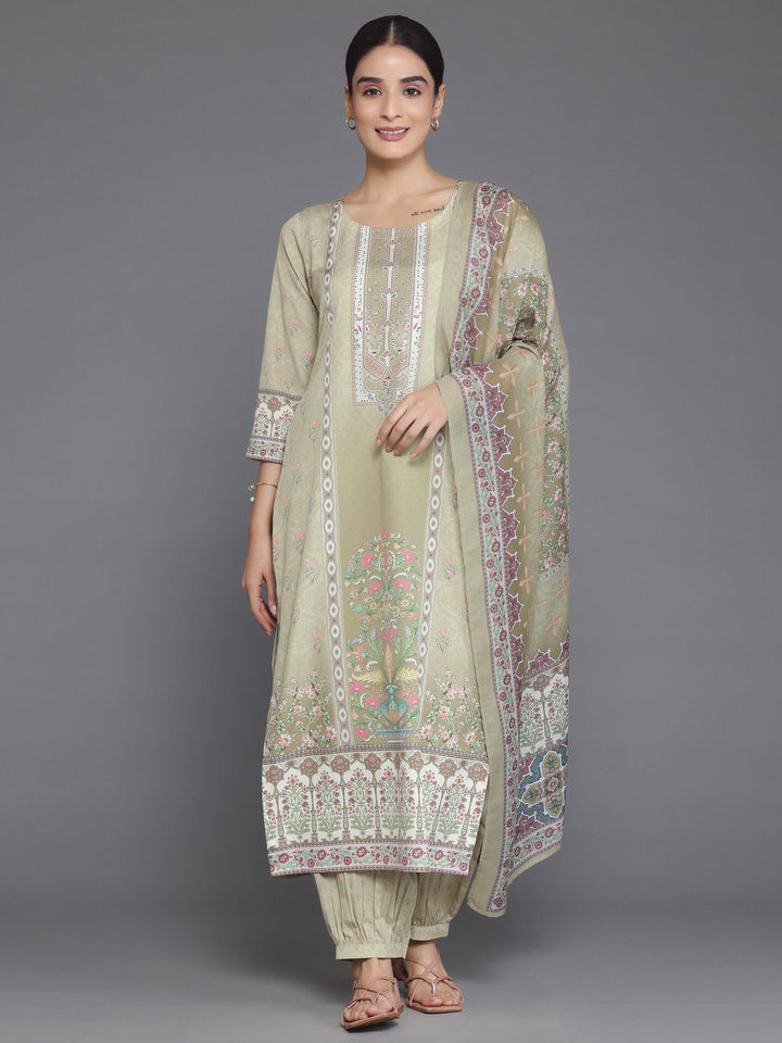 Olive Printed Crepe Straight Suit With Dupatta - Libas