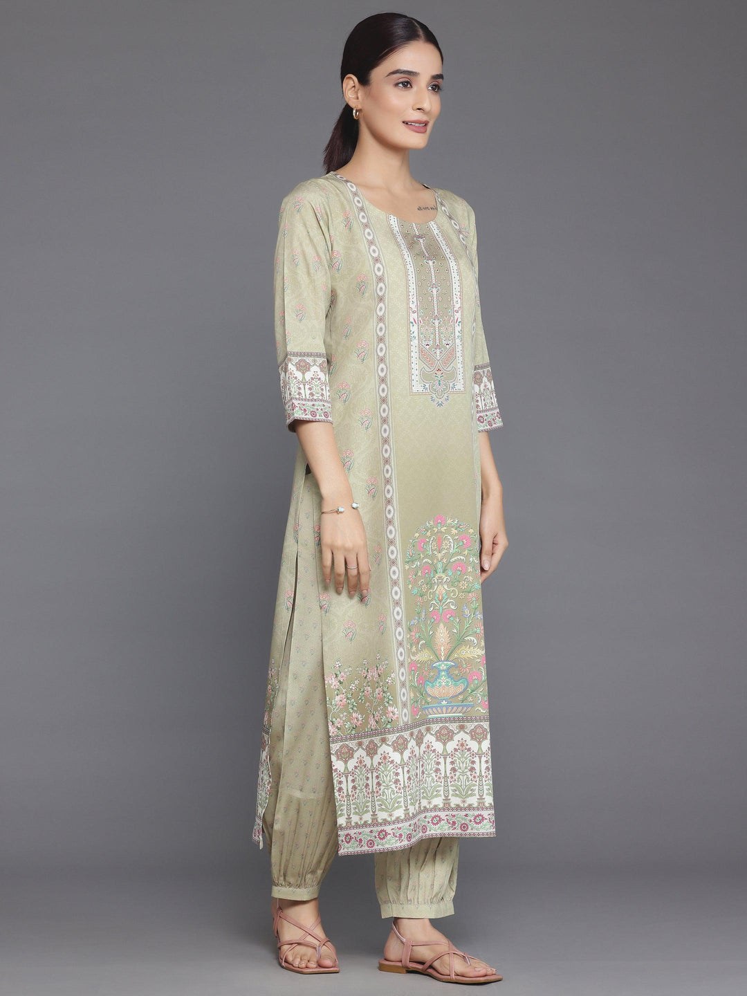 Olive Printed Crepe Straight Suit With Dupatta - Libas