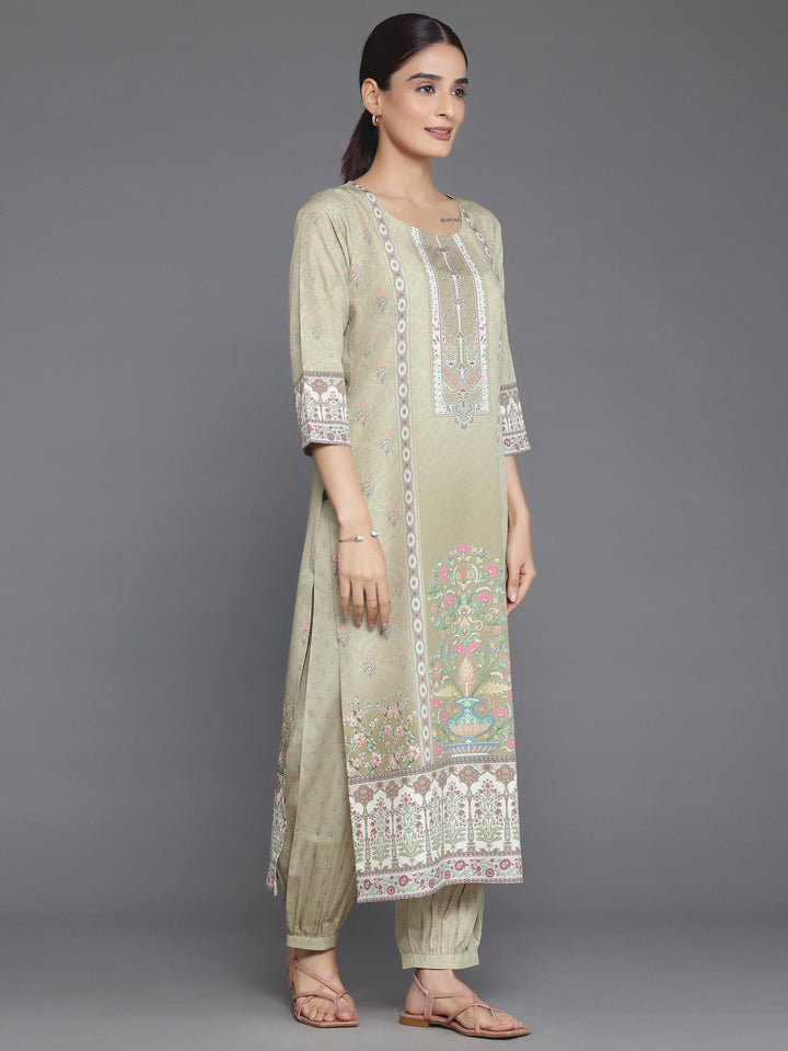 Olive Printed Crepe Straight Suit With Dupatta - Libas