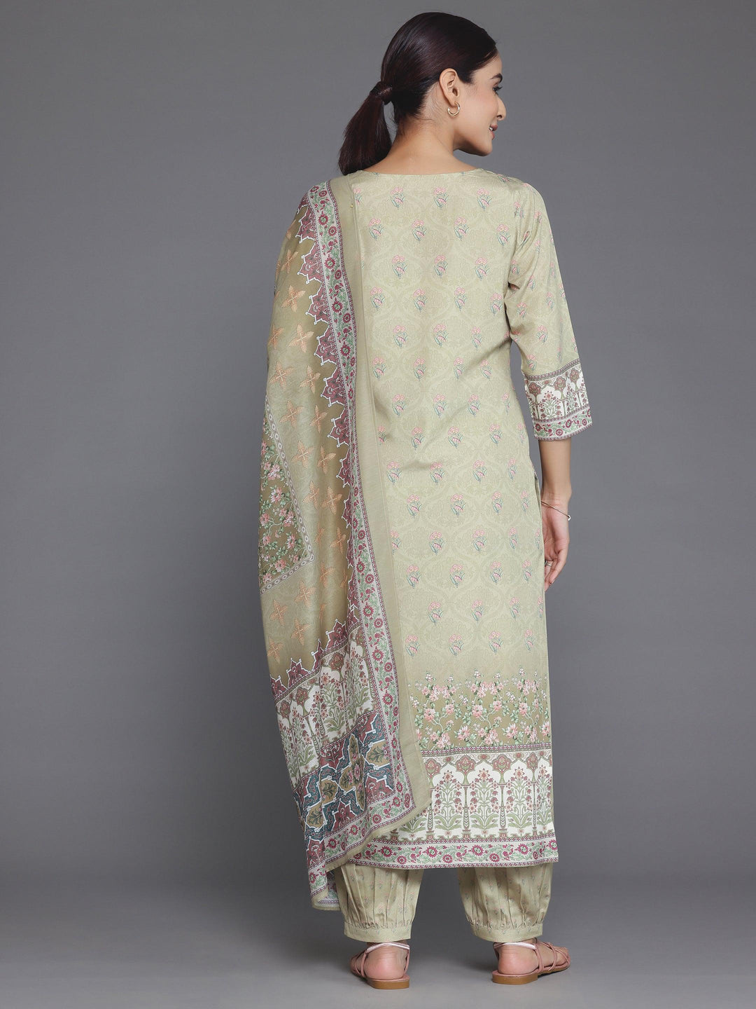 Olive Printed Crepe Straight Suit With Dupatta - Libas