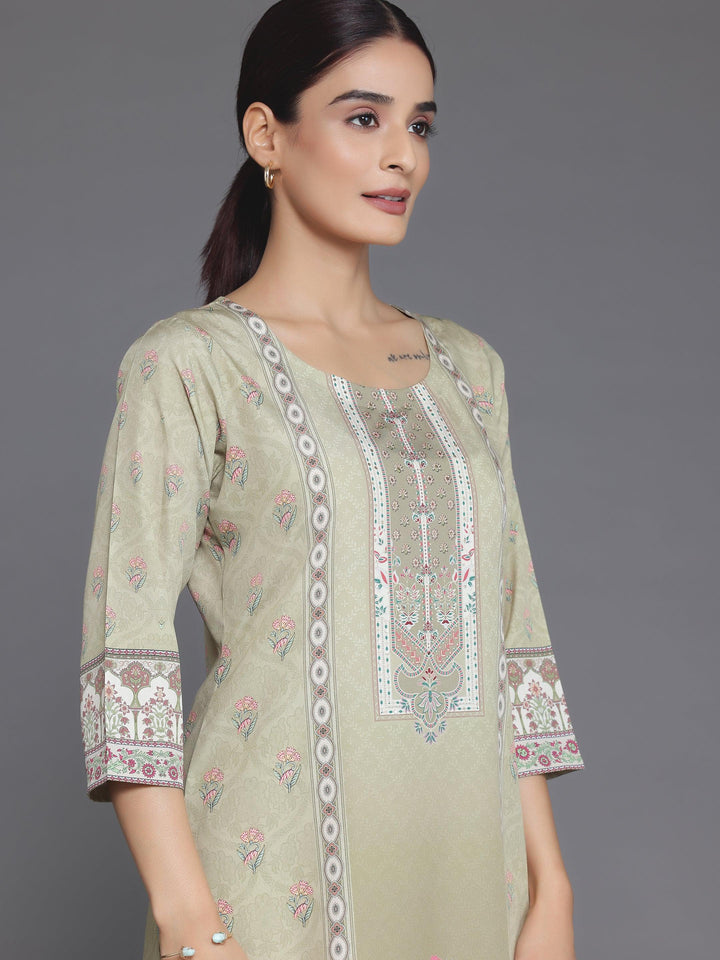 Olive Printed Crepe Straight Suit With Dupatta - Libas