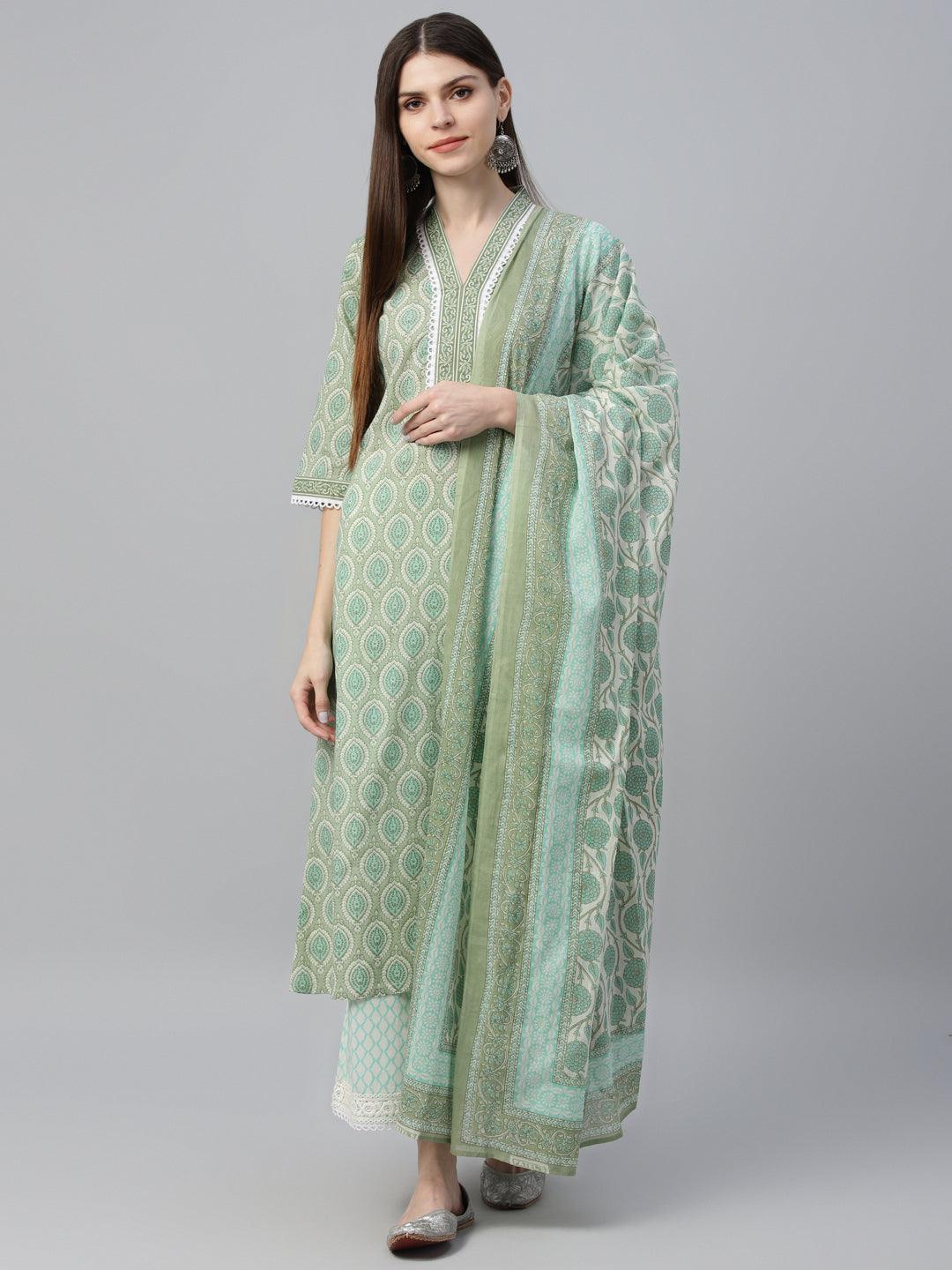 Green Printed Cotton Straight Suit With Dupatta - Libas