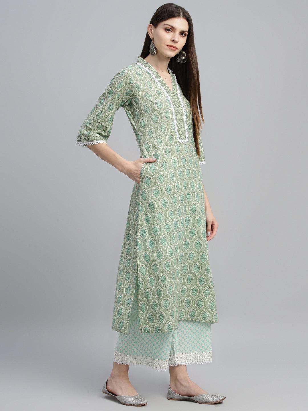 Green Printed Cotton Straight Suit With Dupatta - Libas