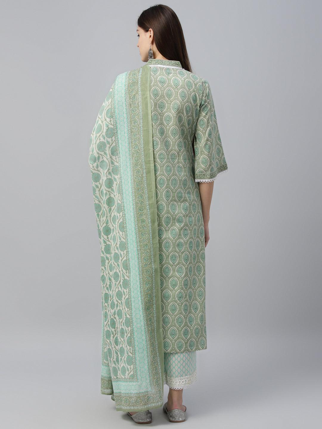 Green Printed Cotton Straight Suit With Dupatta - Libas 