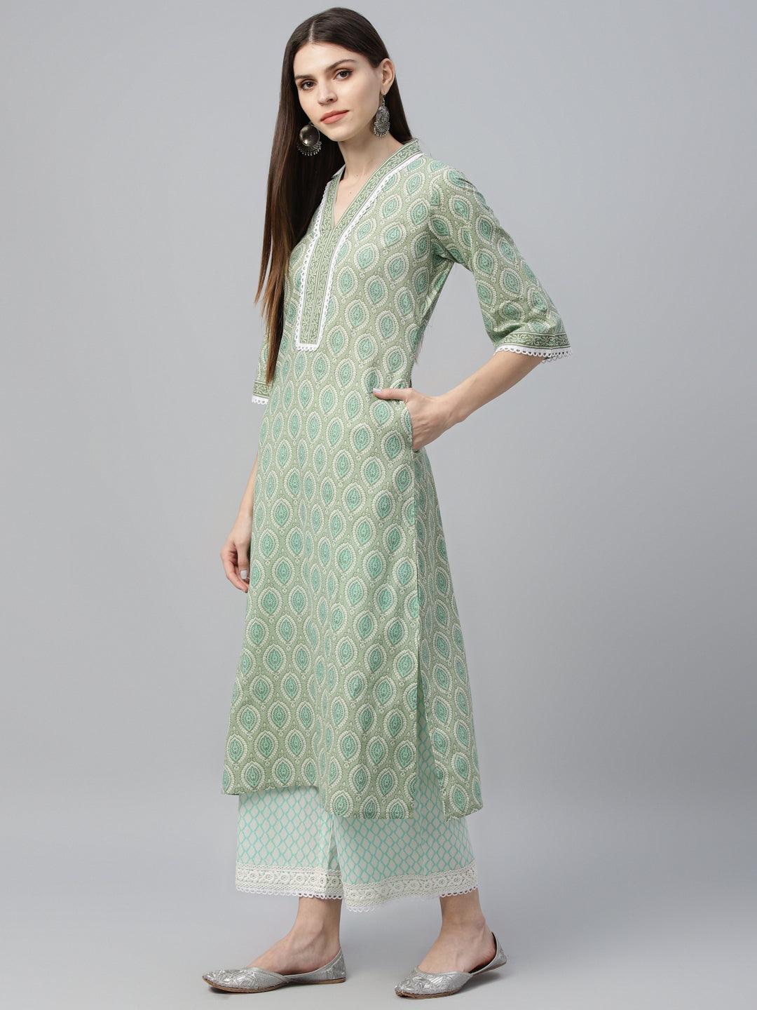 Green Printed Cotton Straight Suit With Dupatta - Libas