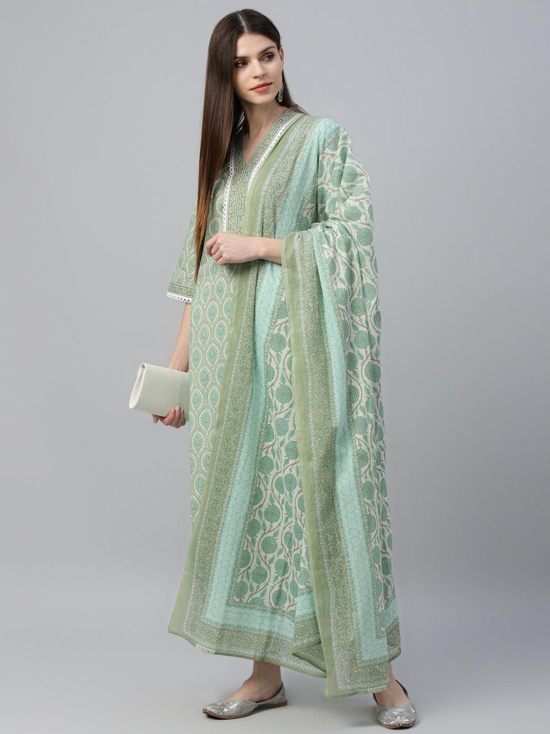 Green Printed Cotton Straight Suit With Dupatta - Libas