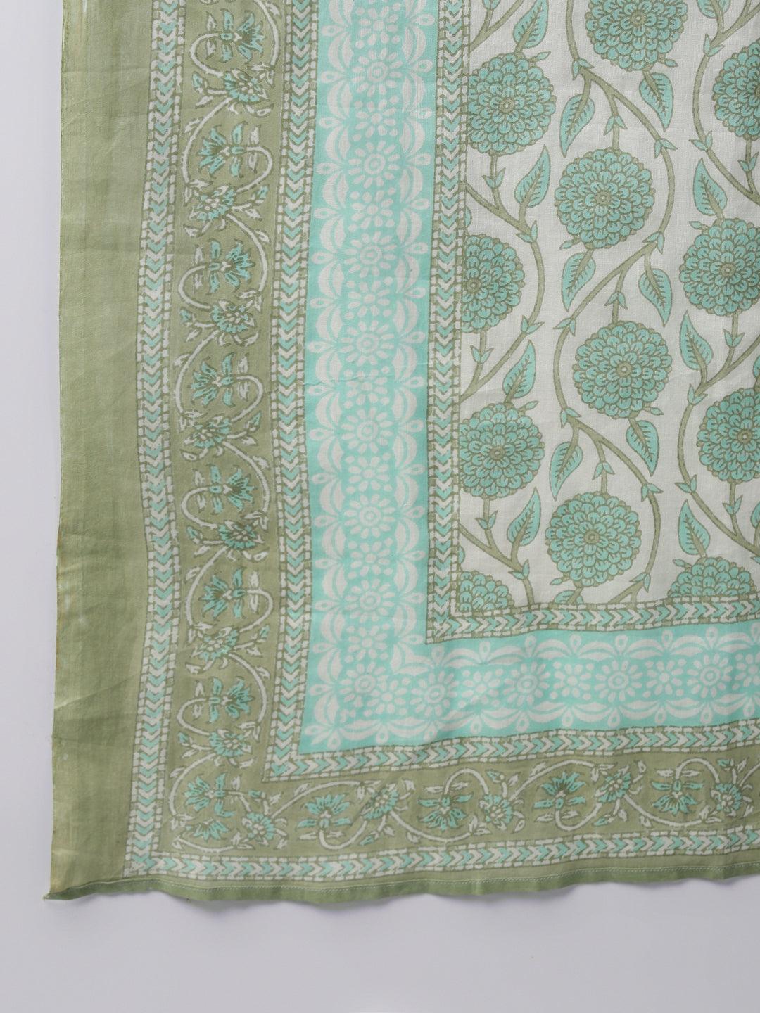 Green Printed Cotton Straight Suit With Dupatta - Libas 