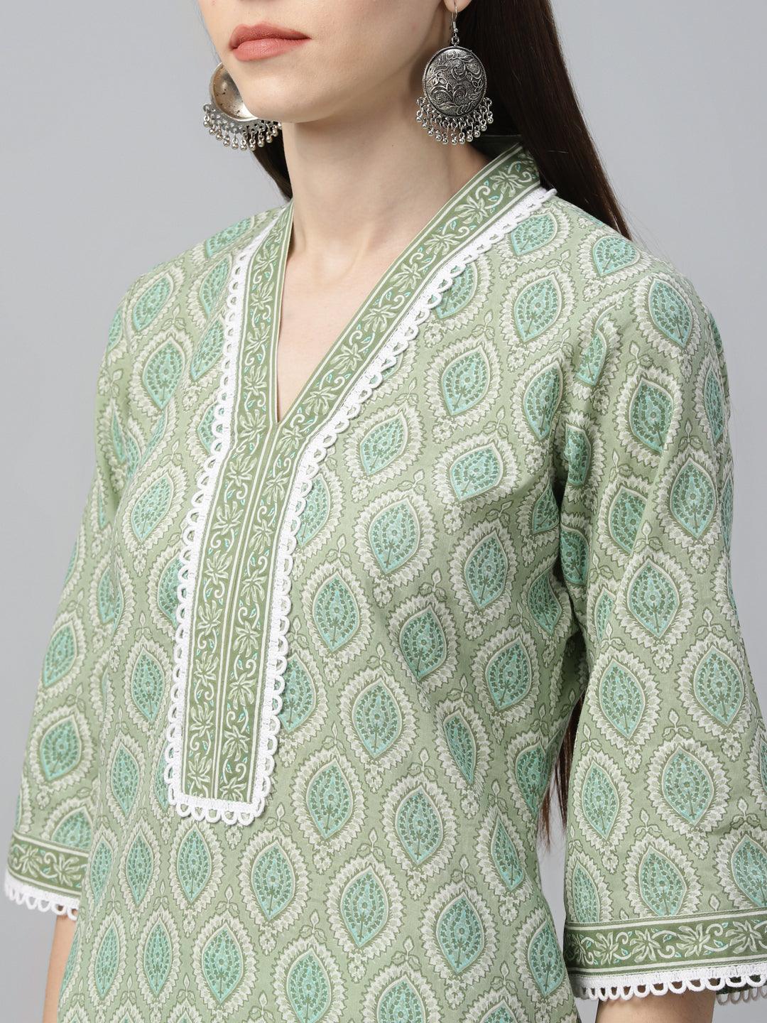 Green Printed Cotton Straight Suit With Dupatta - Libas