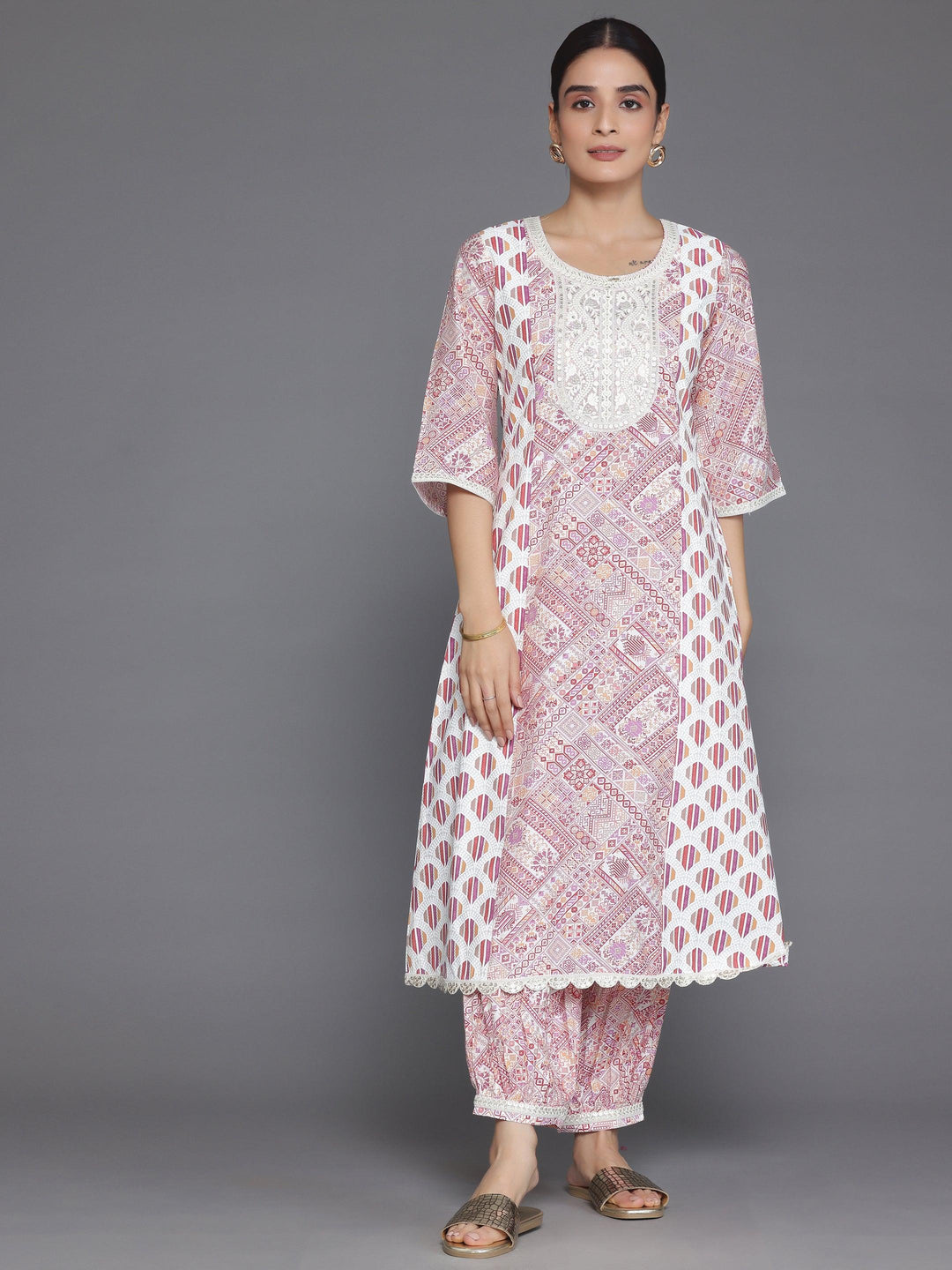 Maroon Printed Silk Blend A-Line Kurta With Salwar - Libas 