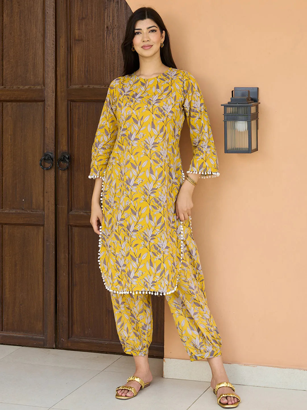 Mustard Printed Cotton Pathani Kurta Set