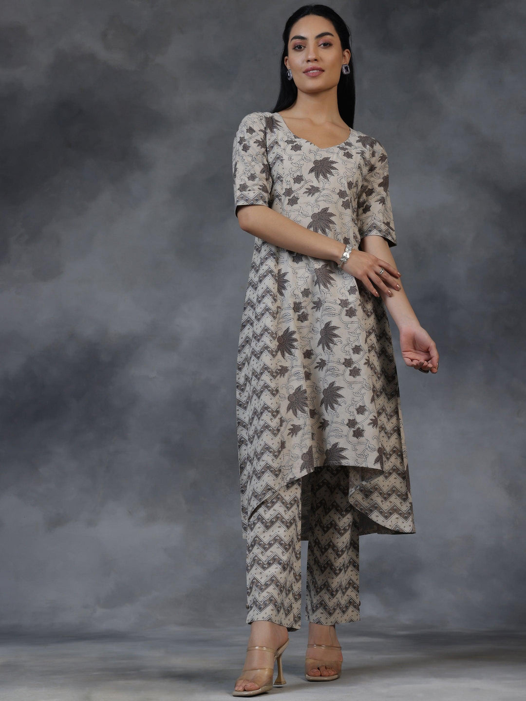 Beige Printed Cotton A-Line Kurta With Palazzos - Libas