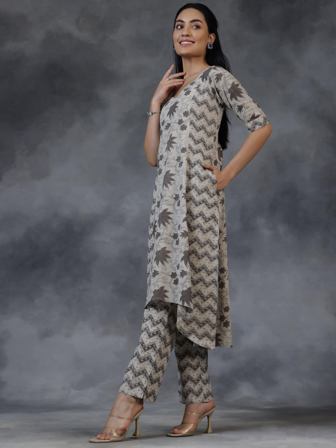 Beige Printed Cotton A-Line Kurta With Palazzos - Libas 