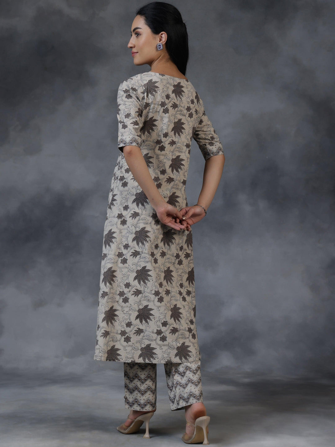 Beige Printed Cotton A-Line Kurta With Palazzos - Libas 