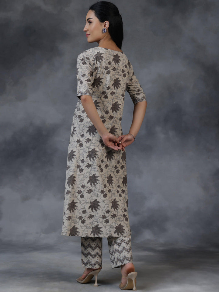 Beige Printed Cotton A-Line Kurta With Palazzos - Libas