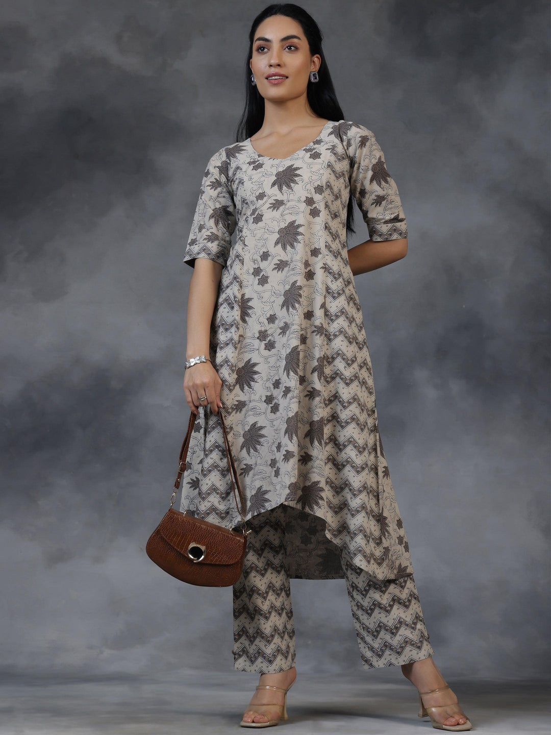 Beige Printed Cotton A-Line Kurta With Palazzos - Libas 