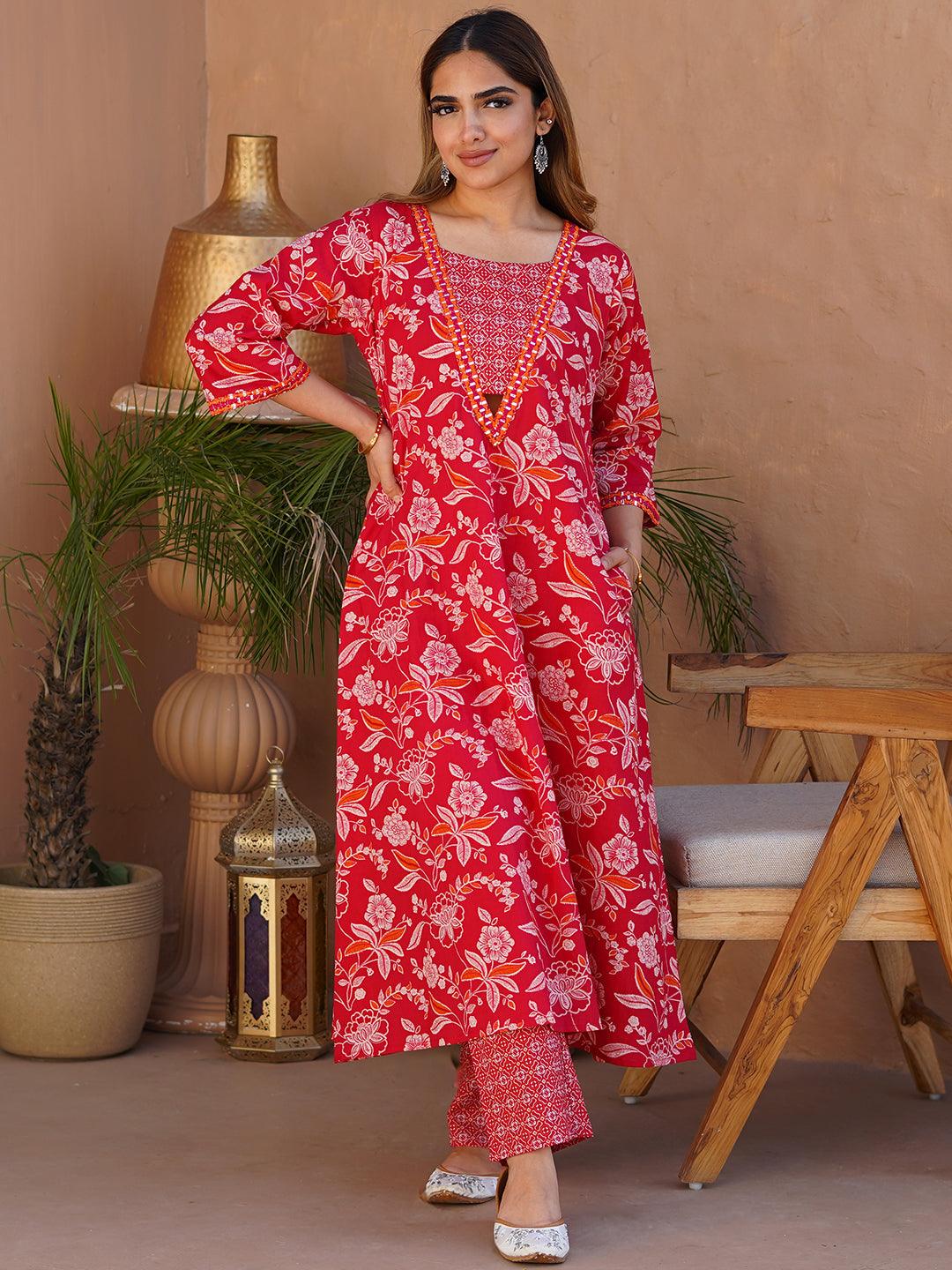 Naghma Pink Printed Cotton A-Line Kurta With Palazzos - Libas 