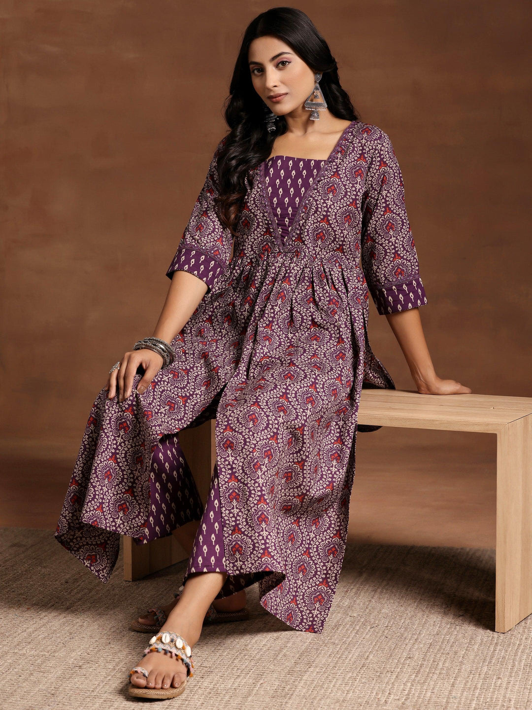 Purple Printed Cotton A-Line Kurta With Palazzos - Libas 