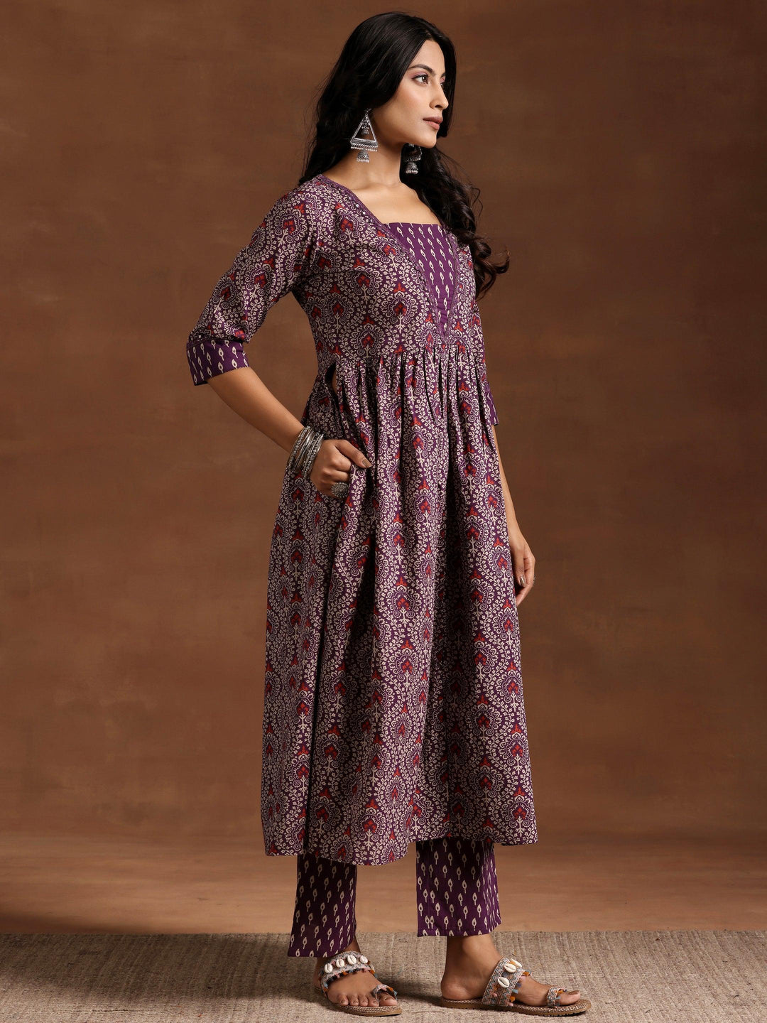 Purple Printed Cotton A-Line Kurta With Palazzos - Libas 