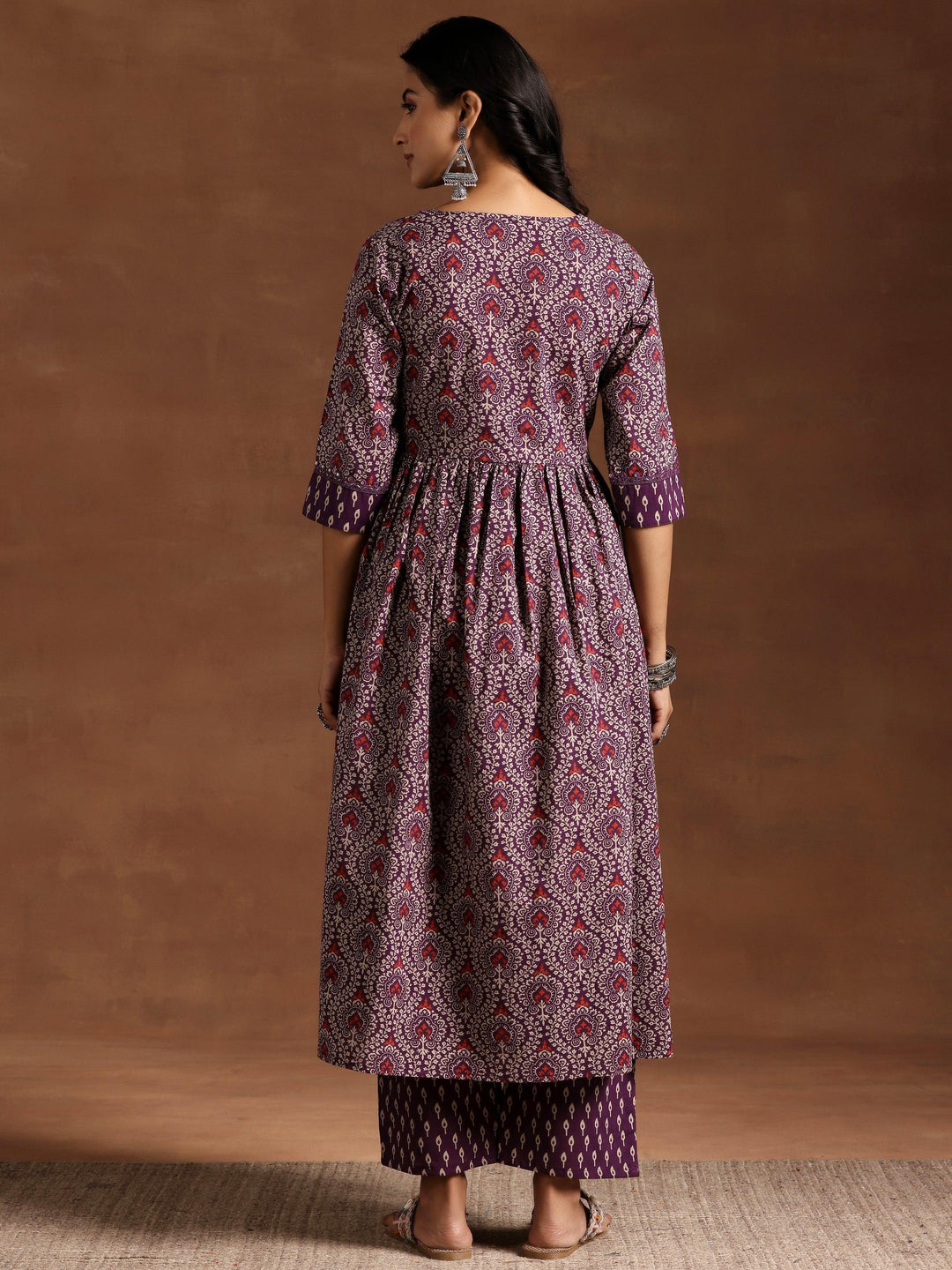 Purple Printed Cotton A-Line Kurta With Palazzos - Libas 