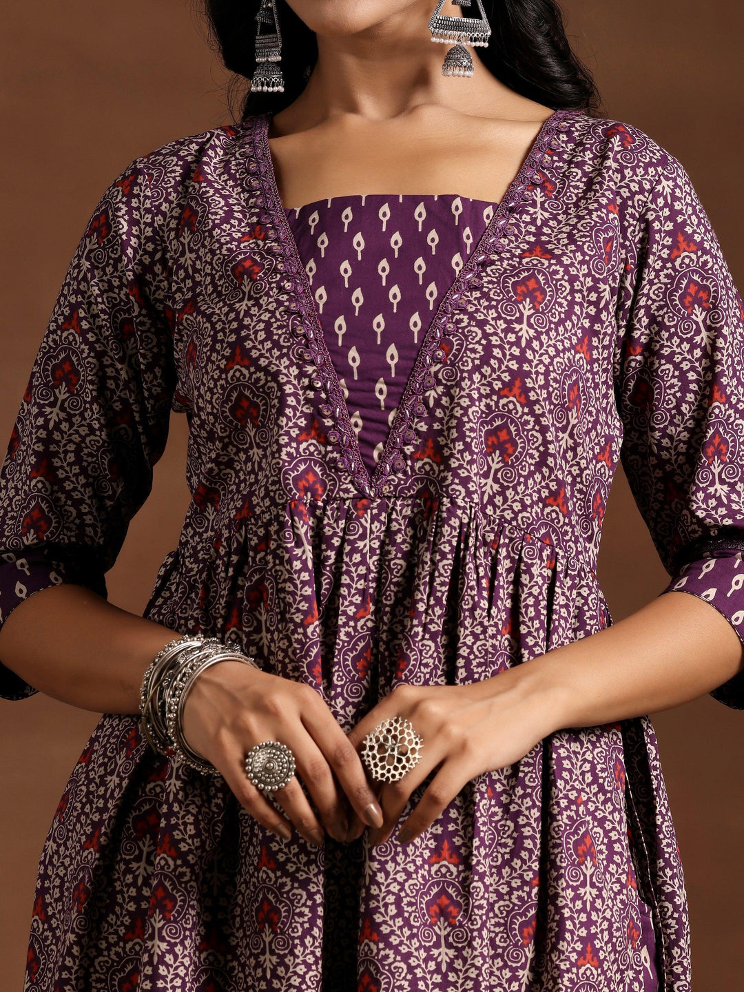 Purple Printed Cotton A-Line Kurta With Palazzos - Libas