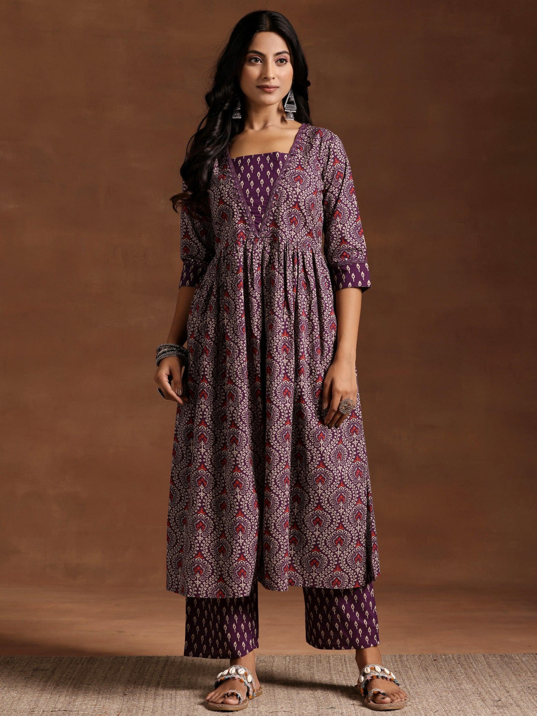 Purple Printed Cotton A-Line Kurta With Palazzos - Libas