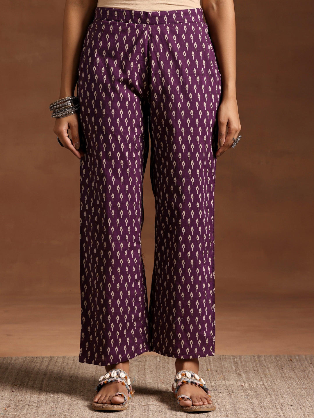 Purple Printed Cotton A-Line Kurta With Palazzos - Libas 