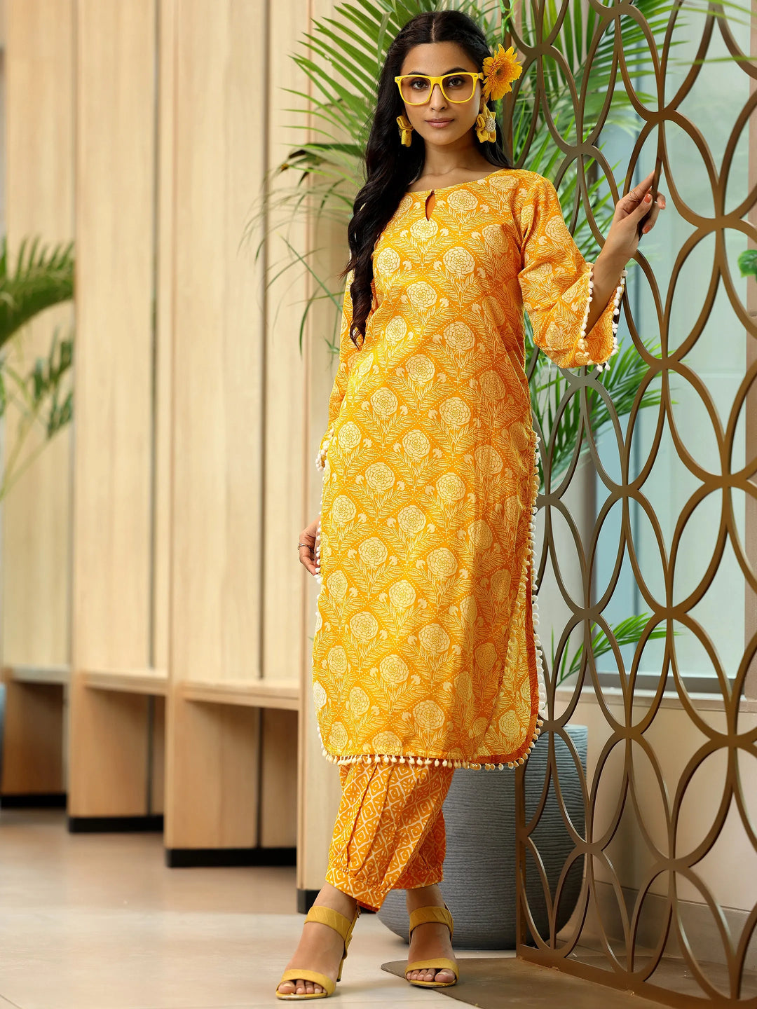  Yellow Printed Cotton Pathani Kurta Set 