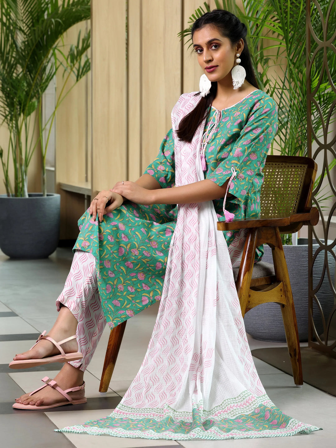  Green Printed Cotton Straight Suit With Dupatta 