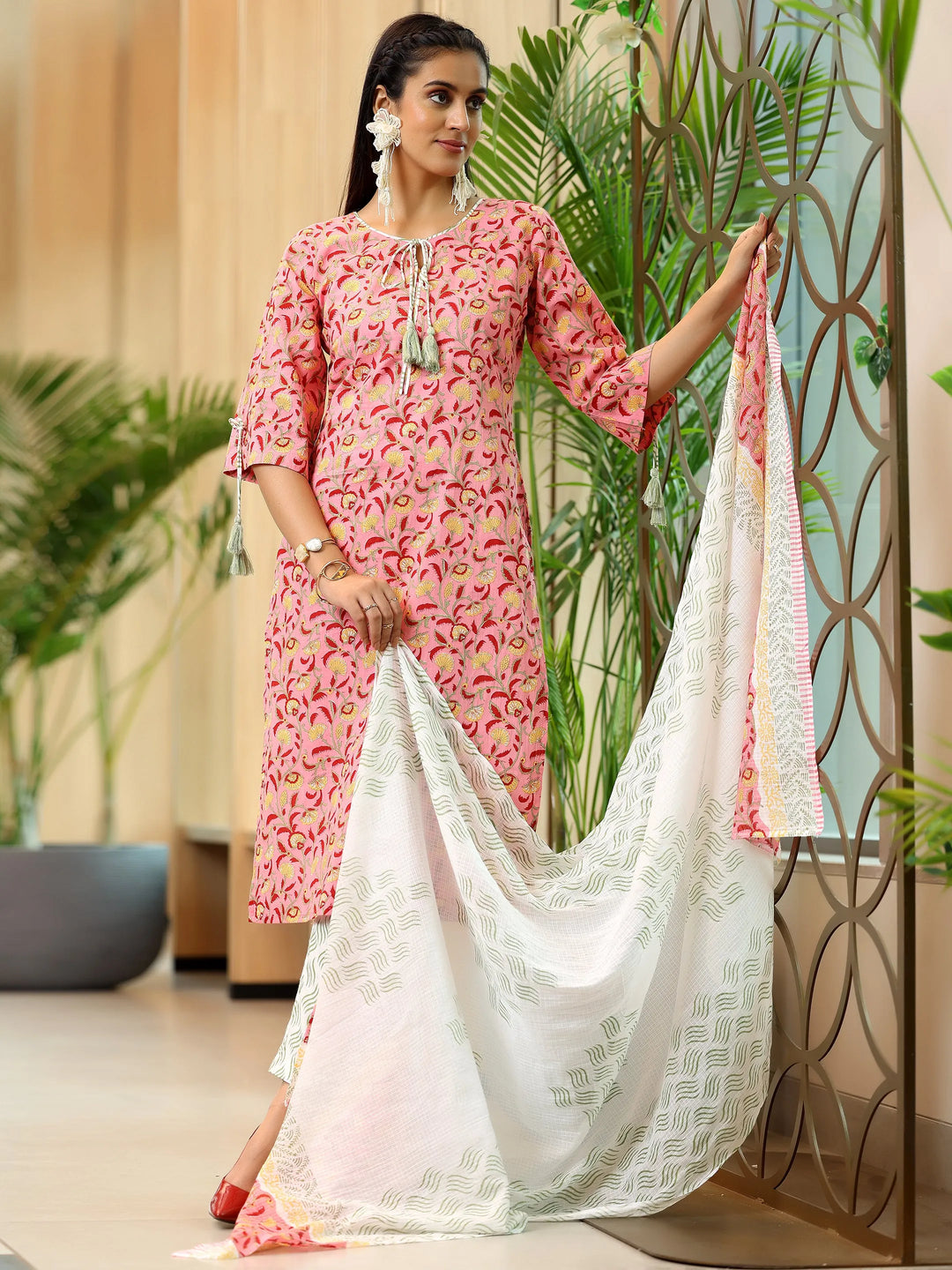  Peach Printed Cotton Straight Suit With Dupatta 