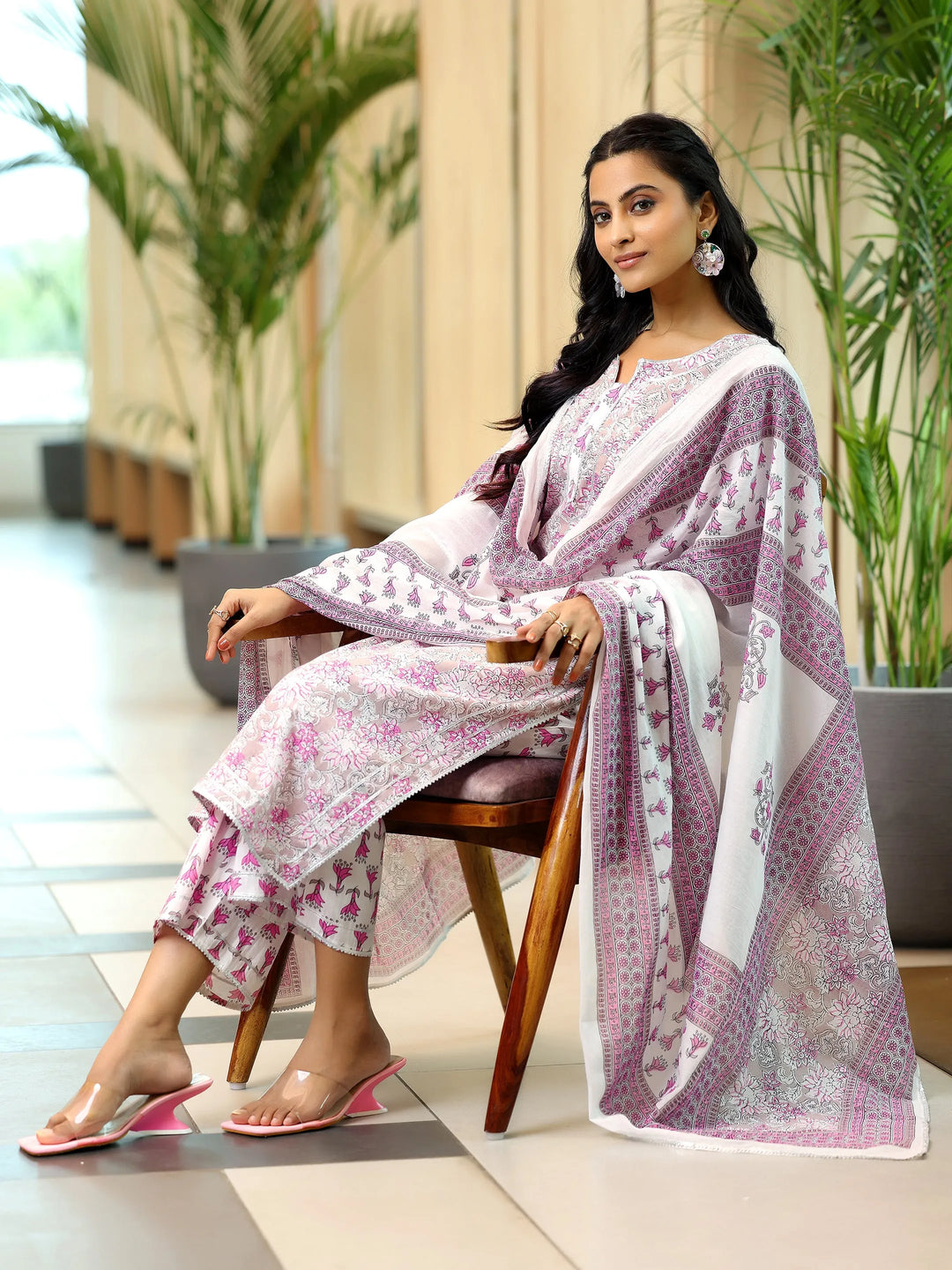  Pink Printed Cotton Straight Suit With Dupatta 