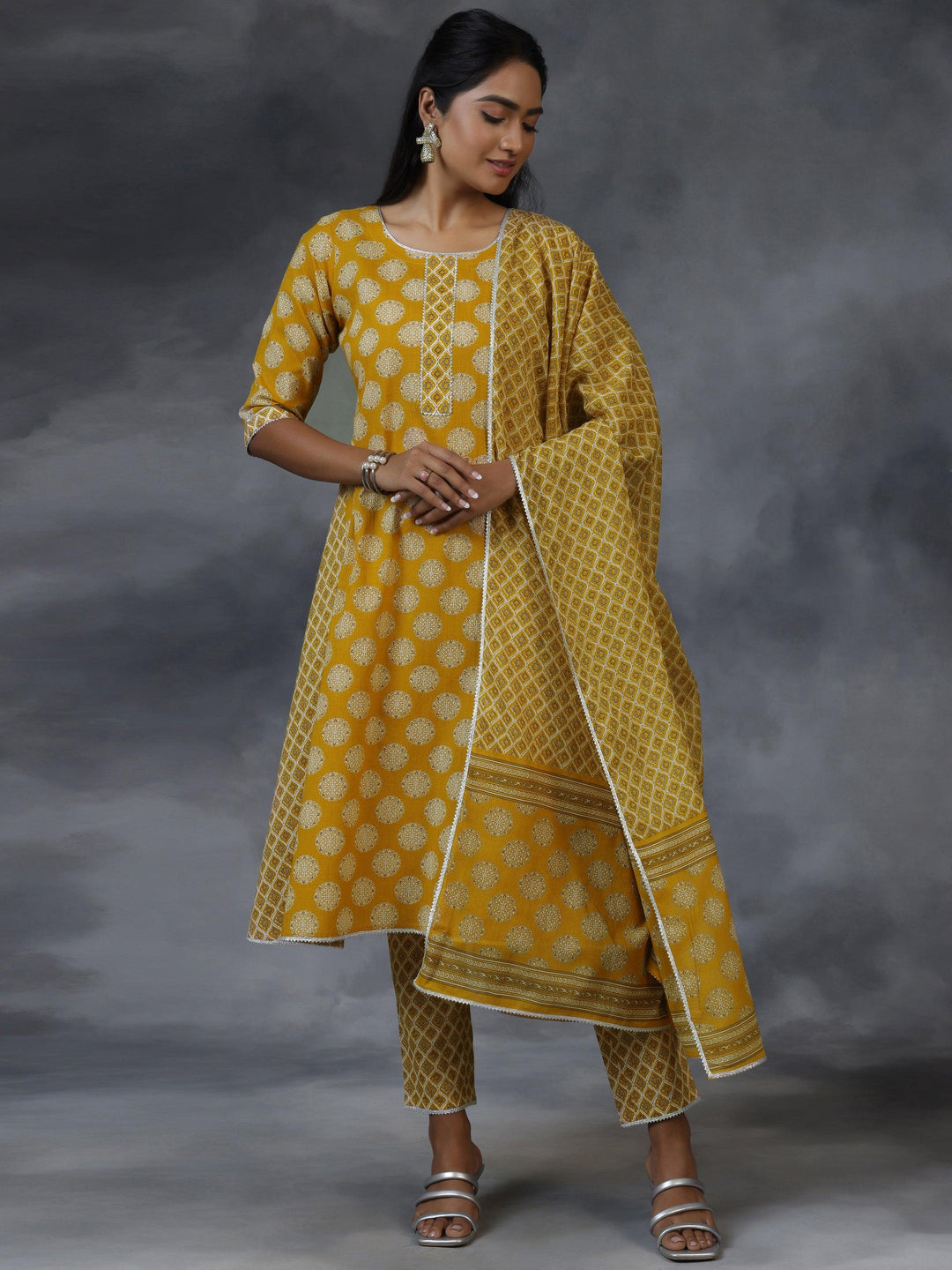 Mustard Printed Cotton A-Line Kurta With Trousers & Dupatta - Libas