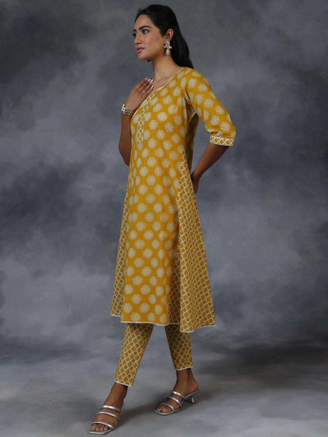 Mustard Printed Cotton A-Line Kurta With Trousers & Dupatta - Libas