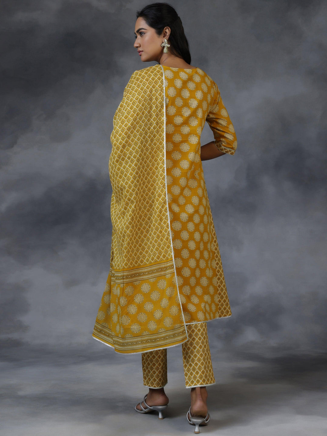 Mustard Printed Cotton A-Line Kurta With Trousers & Dupatta - Libas