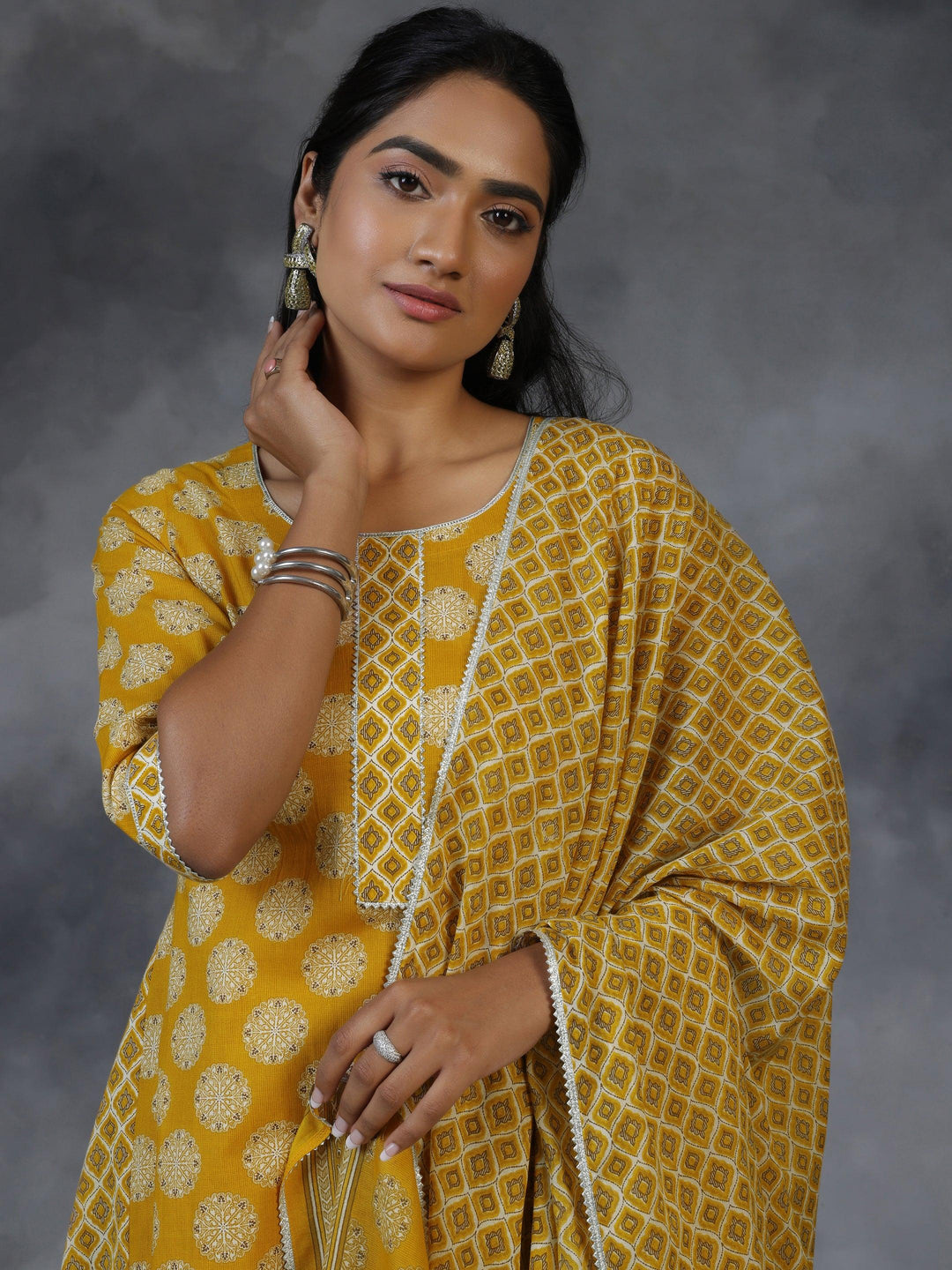 Mustard Printed Cotton A-Line Kurta With Trousers & Dupatta - Libas 