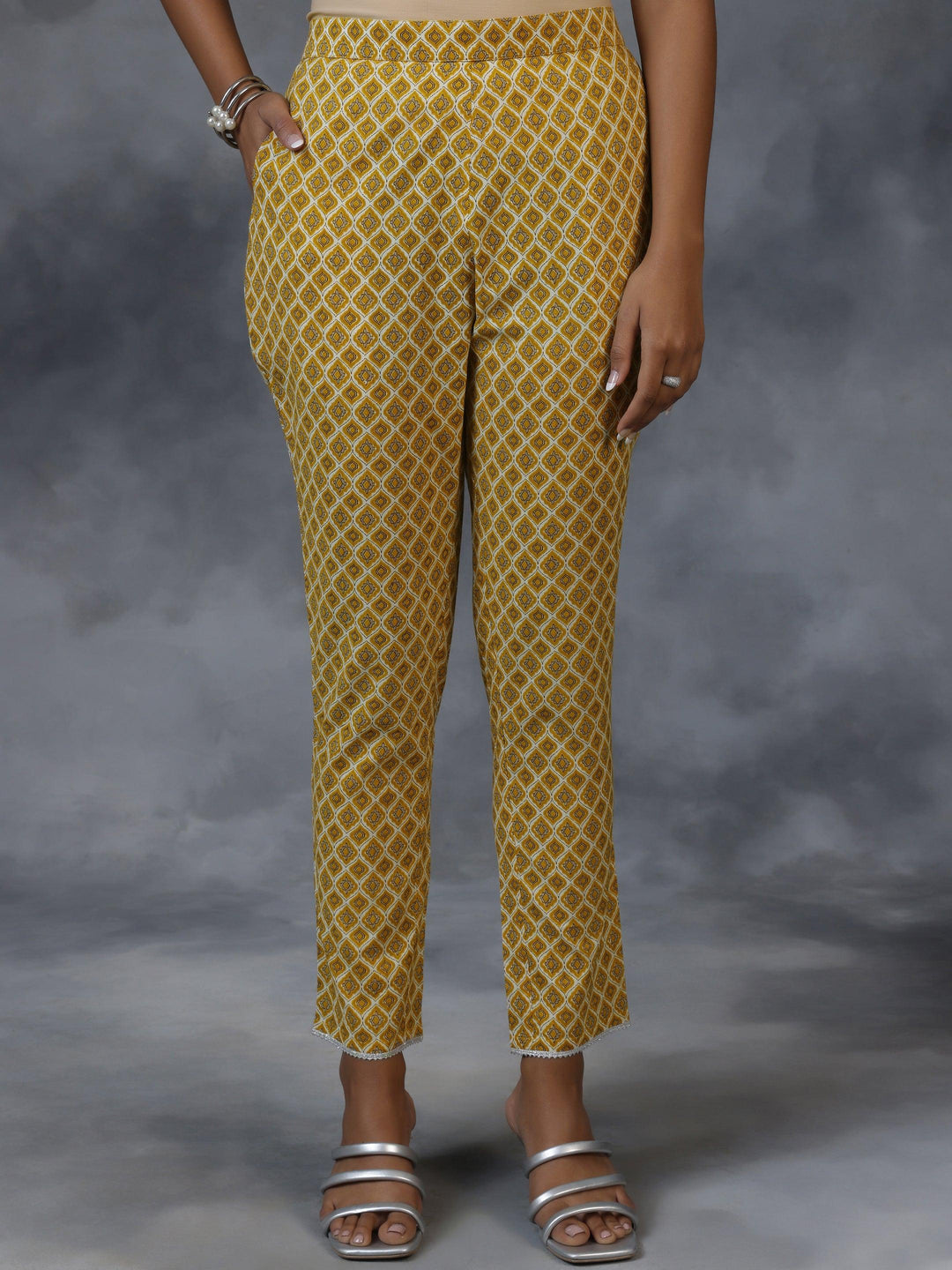 Mustard Printed Cotton A-Line Kurta With Trousers & Dupatta - Libas 