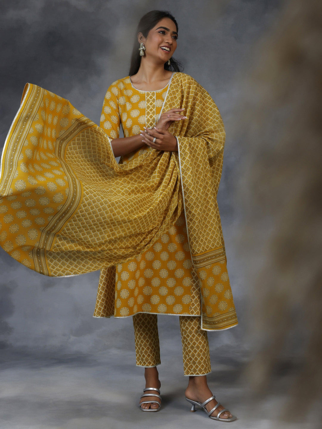 Mustard Printed Cotton A-Line Kurta With Trousers & Dupatta - Libas