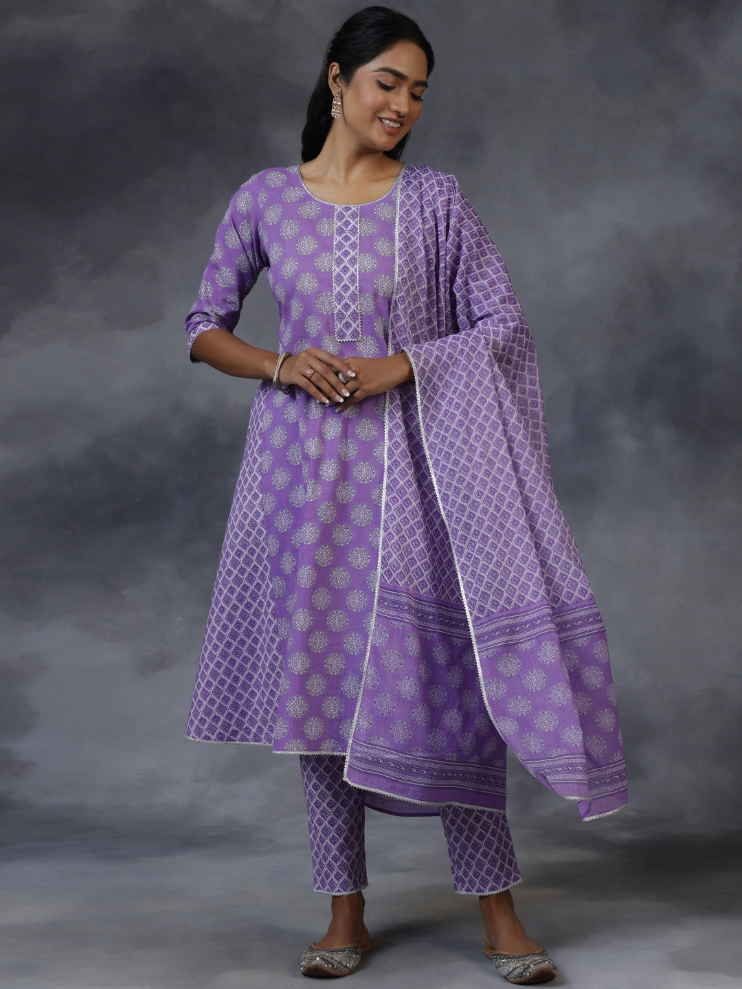 Purple Printed Cotton A-Line Kurta With Trousers & Dupatta - Libas 