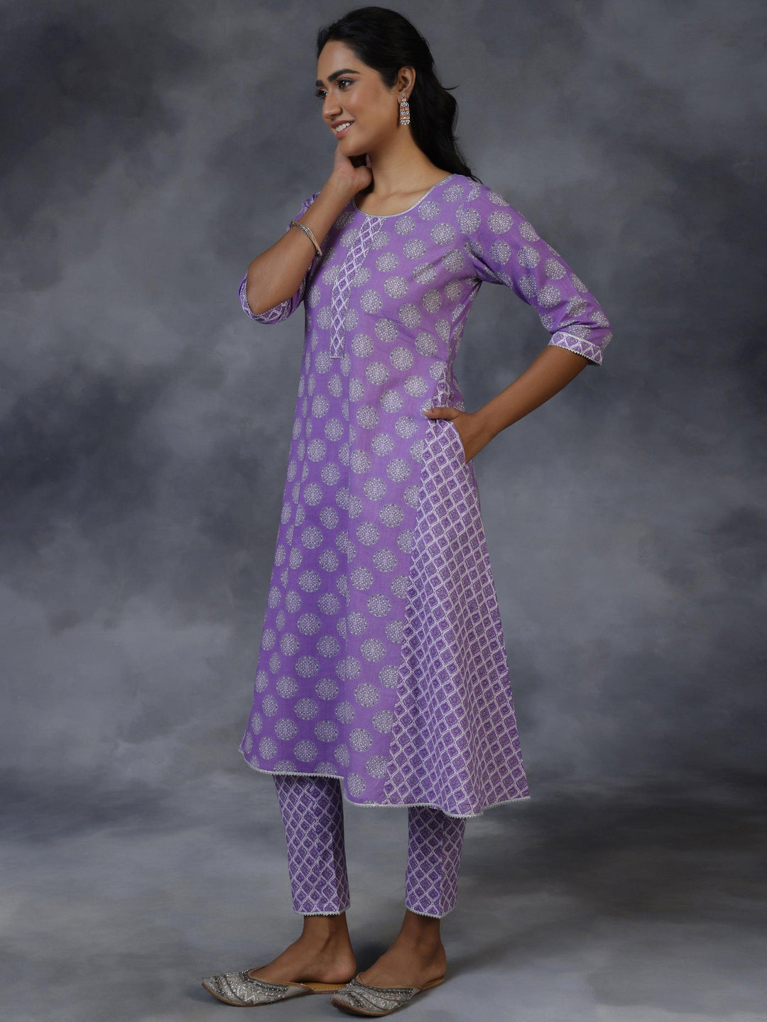 Purple Printed Cotton A-Line Kurta With Trousers & Dupatta - Libas 