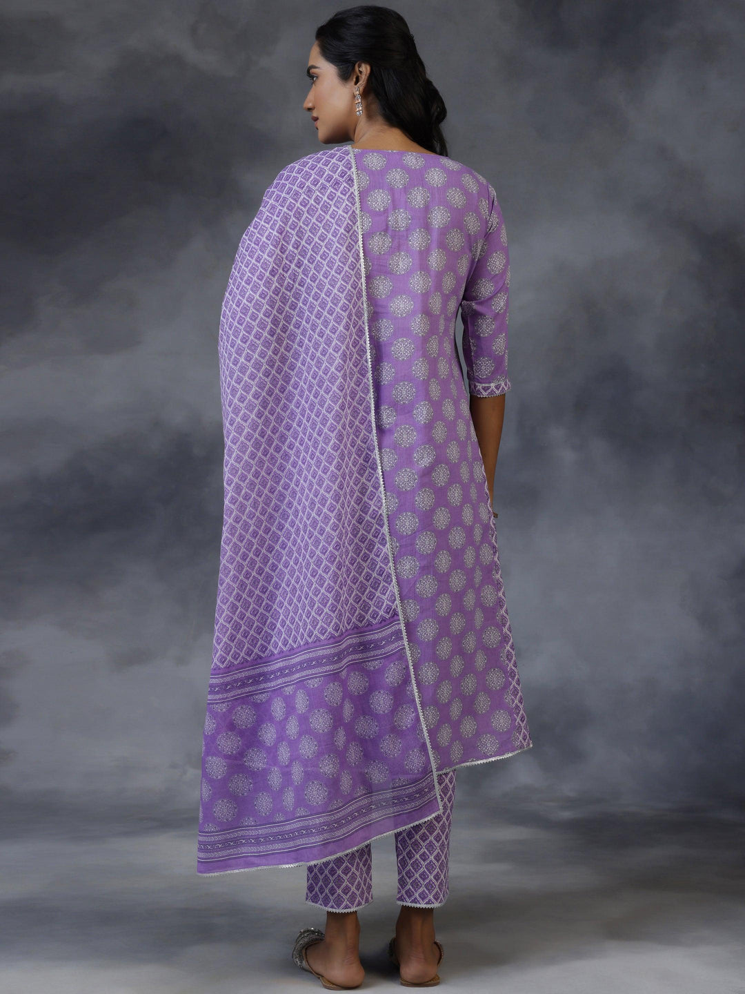 Purple Printed Cotton A-Line Kurta With Trousers & Dupatta - Libas