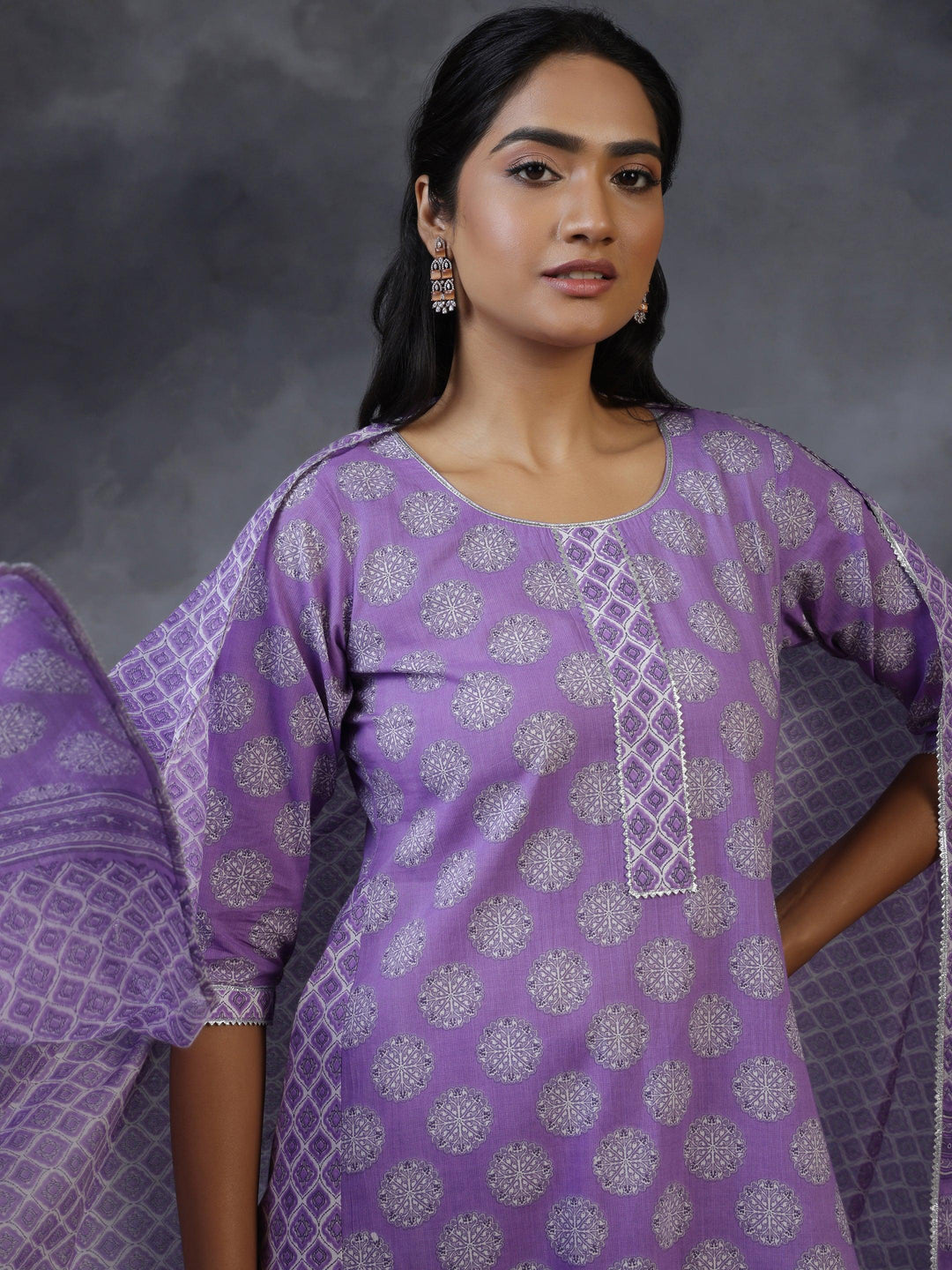 Purple Printed Cotton A-Line Kurta With Trousers & Dupatta - Libas