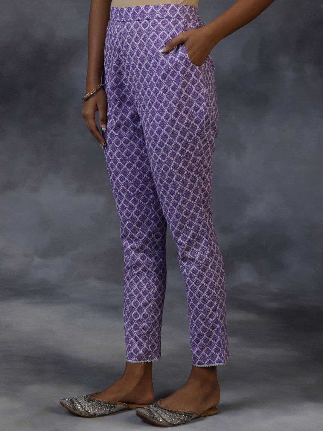 Purple Printed Cotton A-Line Kurta With Trousers & Dupatta - Libas 