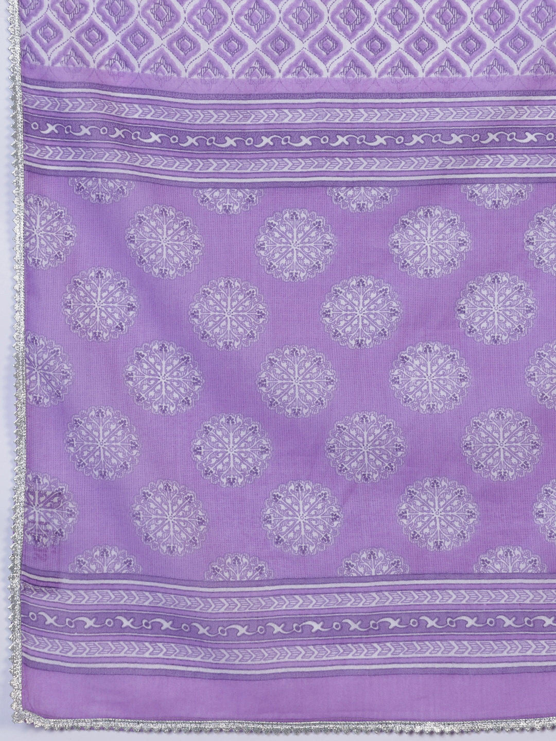 Purple Printed Cotton A-Line Kurta With Trousers & Dupatta - Libas 