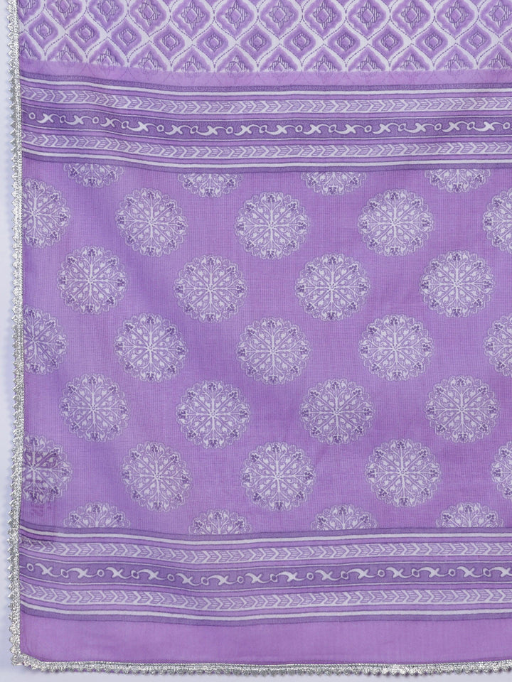 Purple Printed Cotton A-Line Kurta With Trousers & Dupatta - Libas