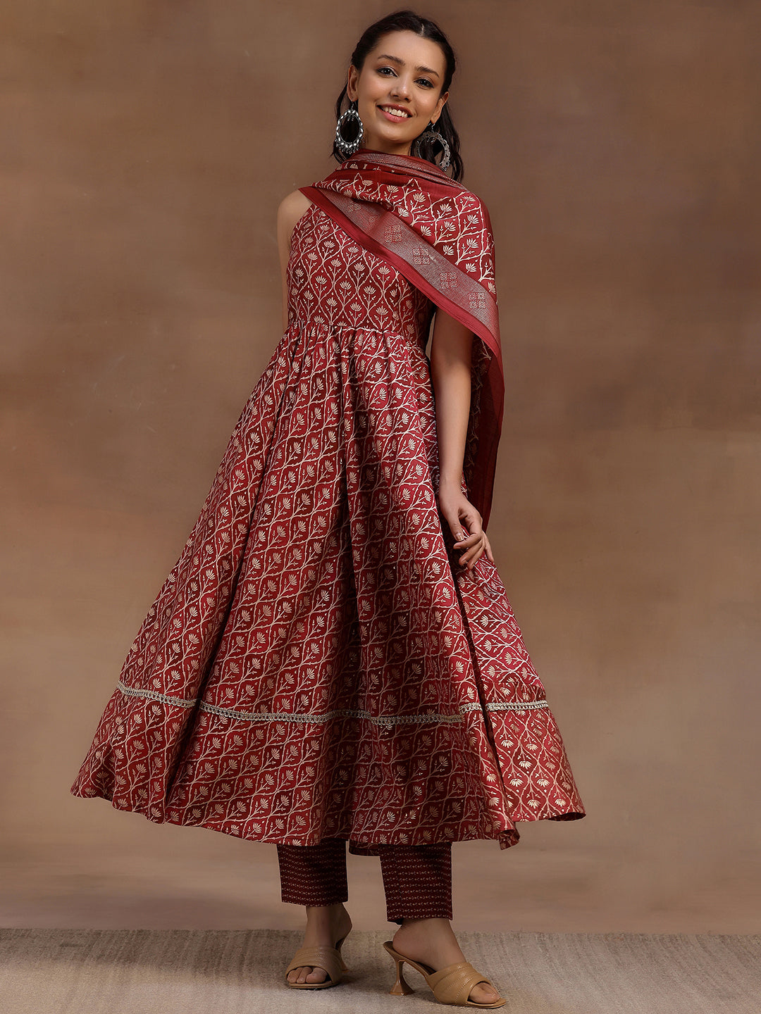  Rust Printed Silk Blend Anarkali Suit With Dupatta 