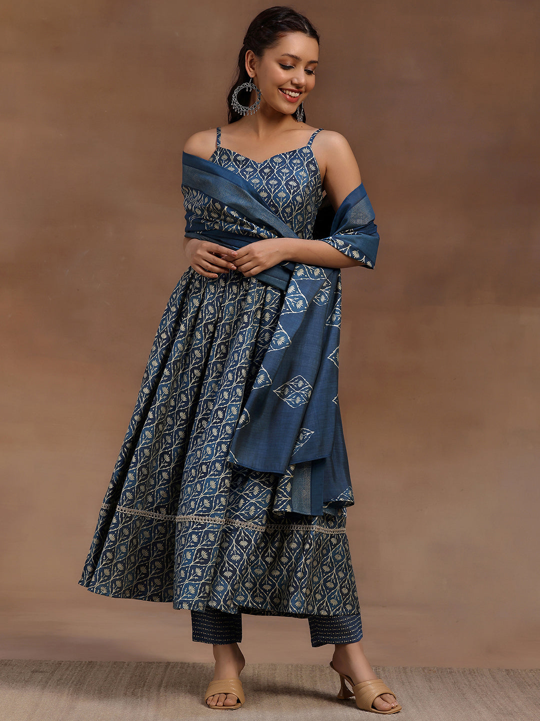 Blue Printed Silk Blend Anarkali Suit With Dupatta