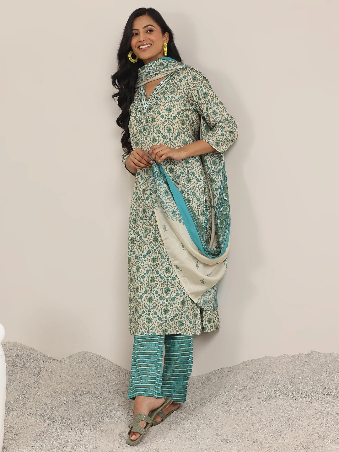  Blue Printed Silk Blend Straight Suit With Dupatta 